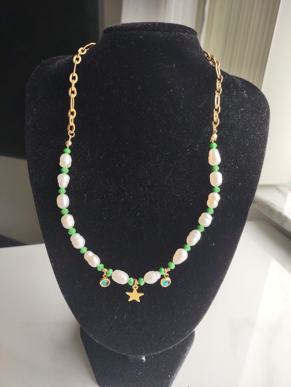 Gold Star Pendant Necklace with White Pearls and Green Beads